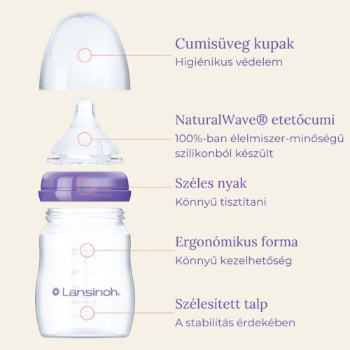 Lansinoh 2 db cumisüveg közepes folyású etetőcumival + 2 db fedéllel, 240 ml