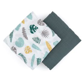   PETITE&MARS Bambusz muszlin 2db-os Babatörölköző, babapólya Misty Green Leaves, 120 x 120 cm