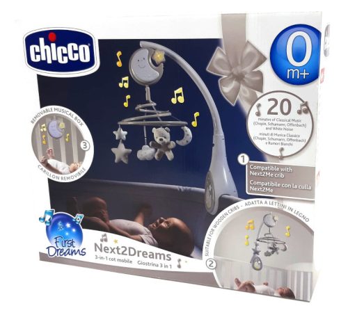 CHICCO 3az1-ben Next2Dreams Zenélő Körforgó neutral 0m+, textil babaöbölhöz is feltehető