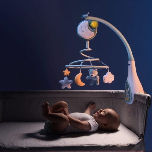 CHICCO 3az1-ben Next2DreamsZenélő Körforgó Kék 0m+, textil babaöbölhöz is feltehető