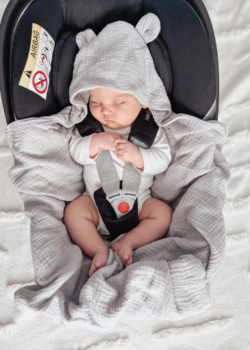 Hordozóba Köthető Kapucnis Macifüles Babatakaró, duplagéz/muszlin Szürke