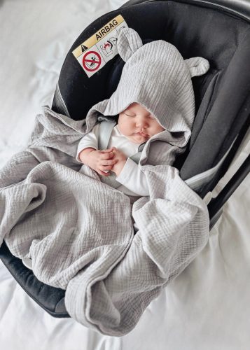 Hordozóba Köthető Kapucnis Macifüles Babatakaró, duplagéz/muszlin Szürke