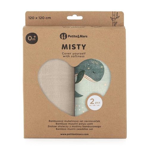 PETITE&MARS Bambusz muszlin 2db-os pelenka szett Misty Whale Song 120 x 120 cm