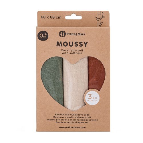 PETITE&MARS Bambusz muszlin pelenka szett 3 db Moussy Earth Tones 68 x 68 cm