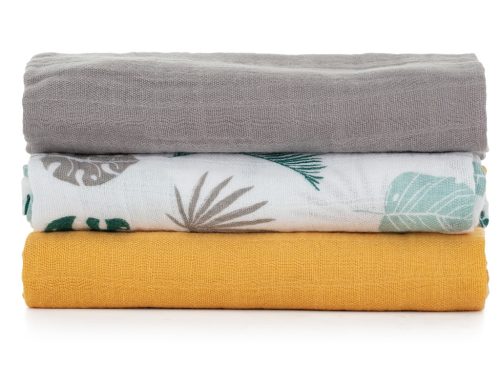 PETITE&MARS Bambusz muszlin 3db-os pelenka szett Moussy Ochre Leaves, 68 x 68 cm